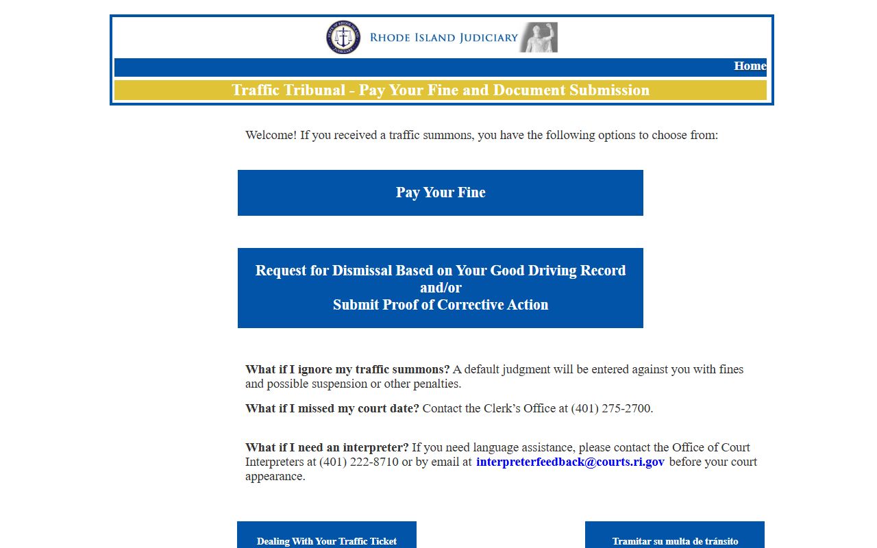 Rhode Island Traffic Tribunal document and payment portal for Providence County