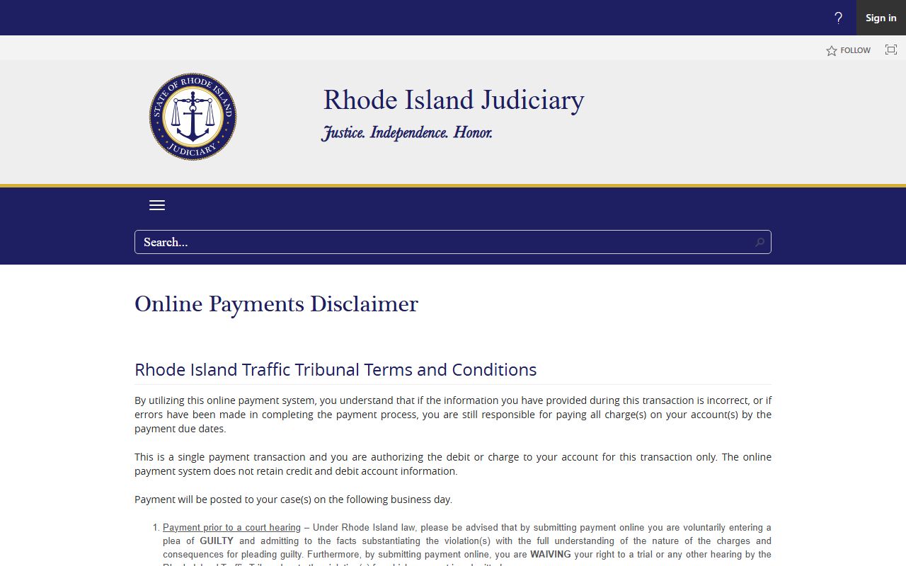 Rhode Island Traffic Tribunal online payment disclaimer for Providence County
