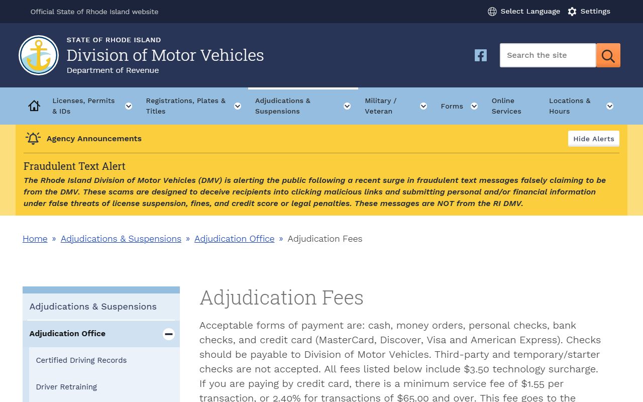 Rhode Island DMV adjudication fees for Providence County traffic records
