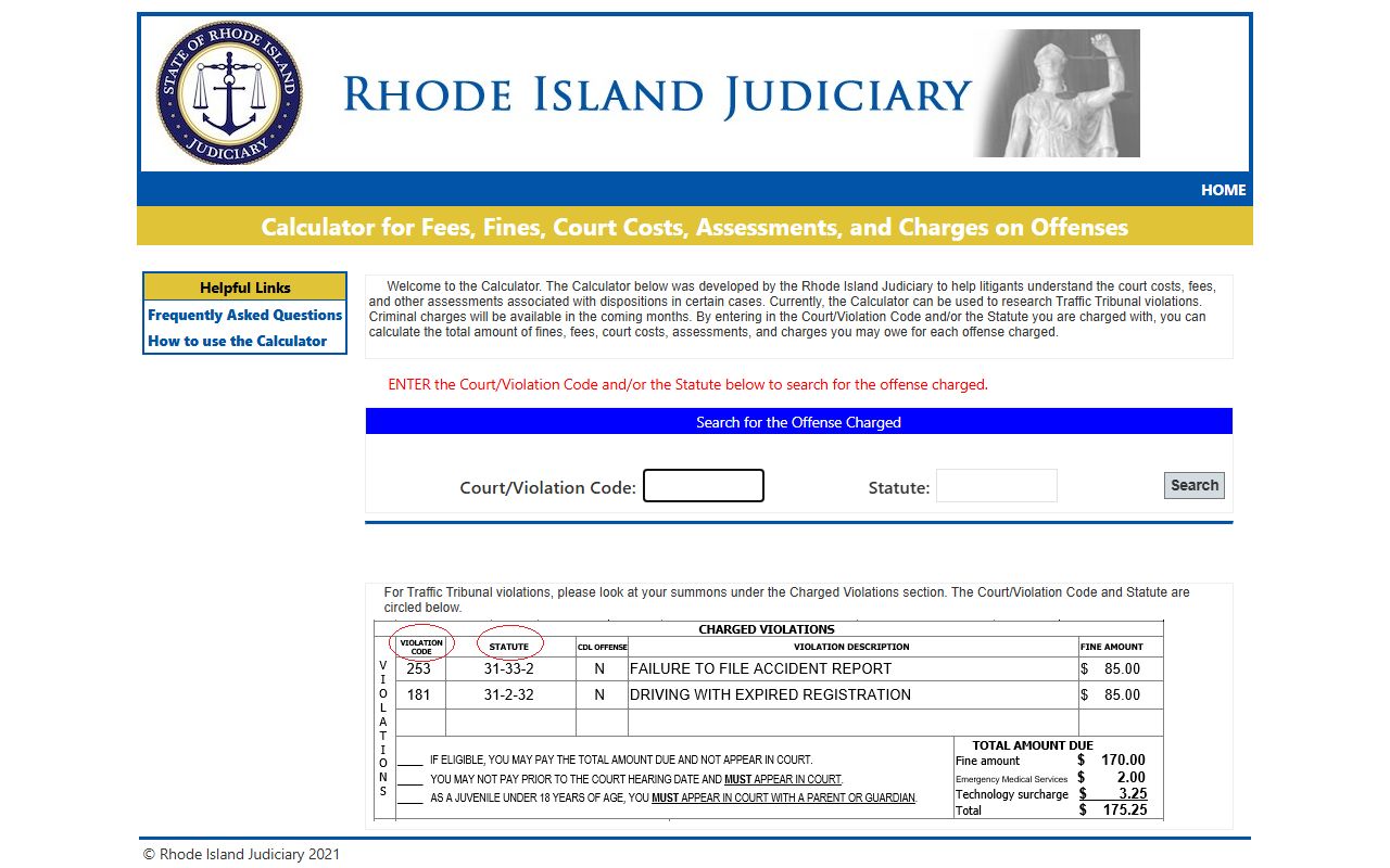Rhode Island Traffic Tribunal fine calculator for Providence County traffic court records
