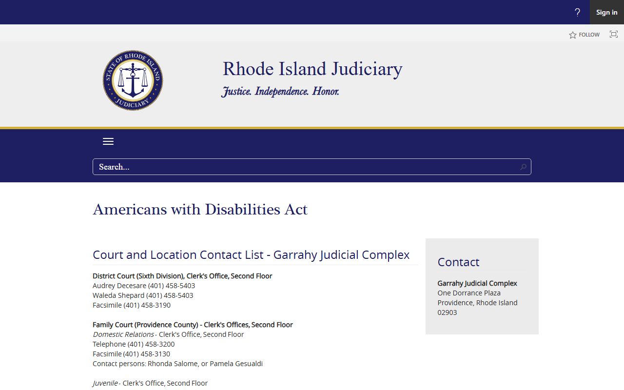 Garrahy Judicial Complex clerk contact page for Providence County