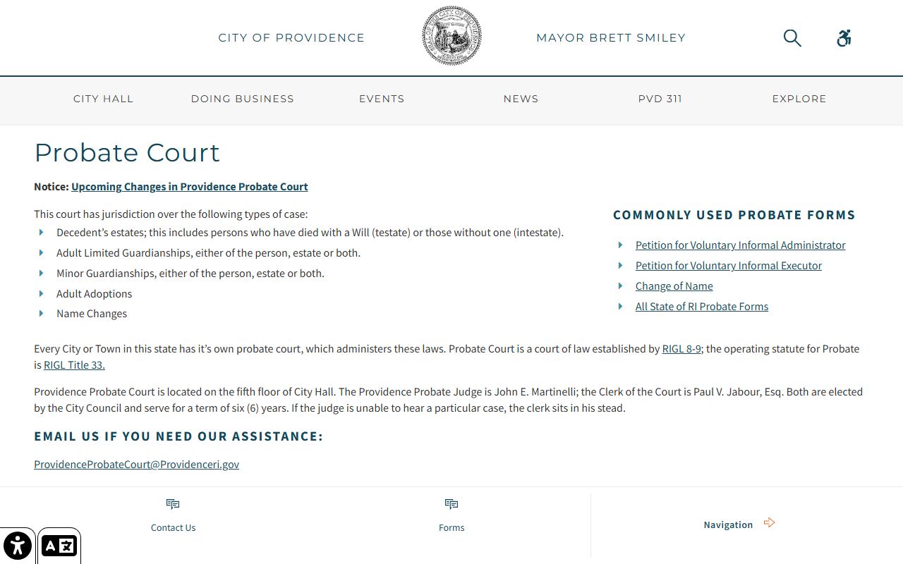 City of Providence Probate Court page for Providence County probate records