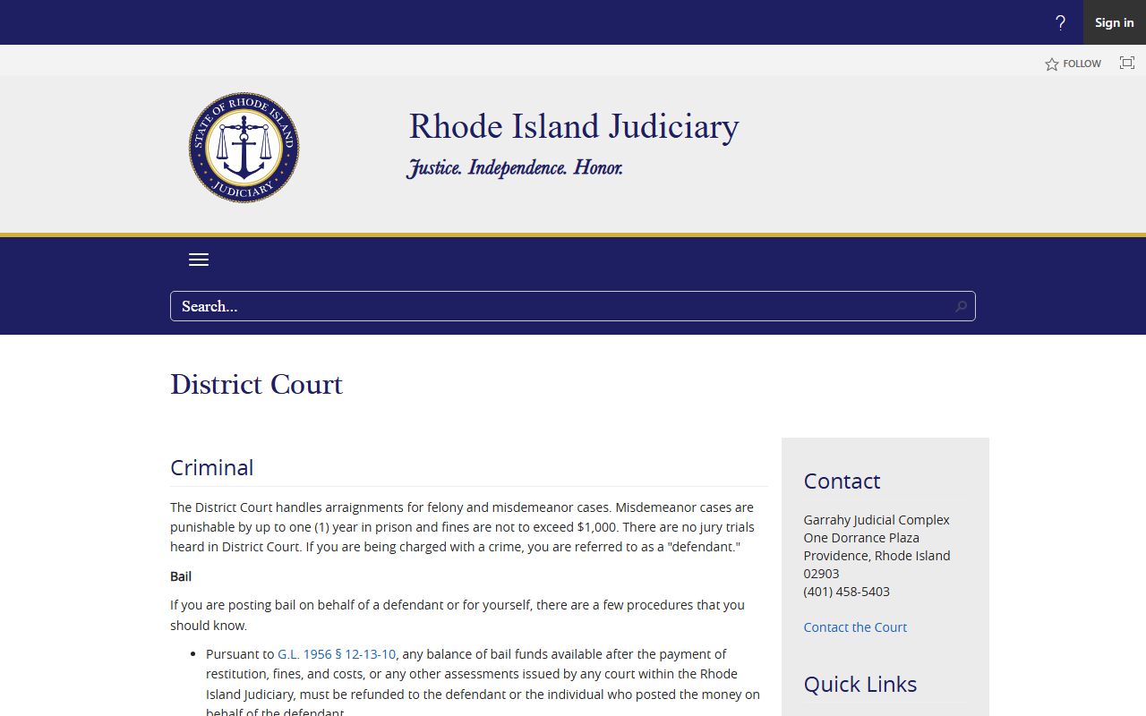 Rhode Island District Court criminal page on Providence County bench warrants