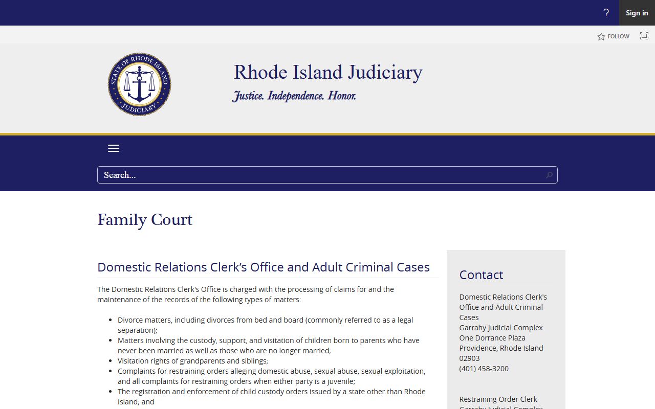 Rhode Island Family Court domestic relations page for Providence County divorce records