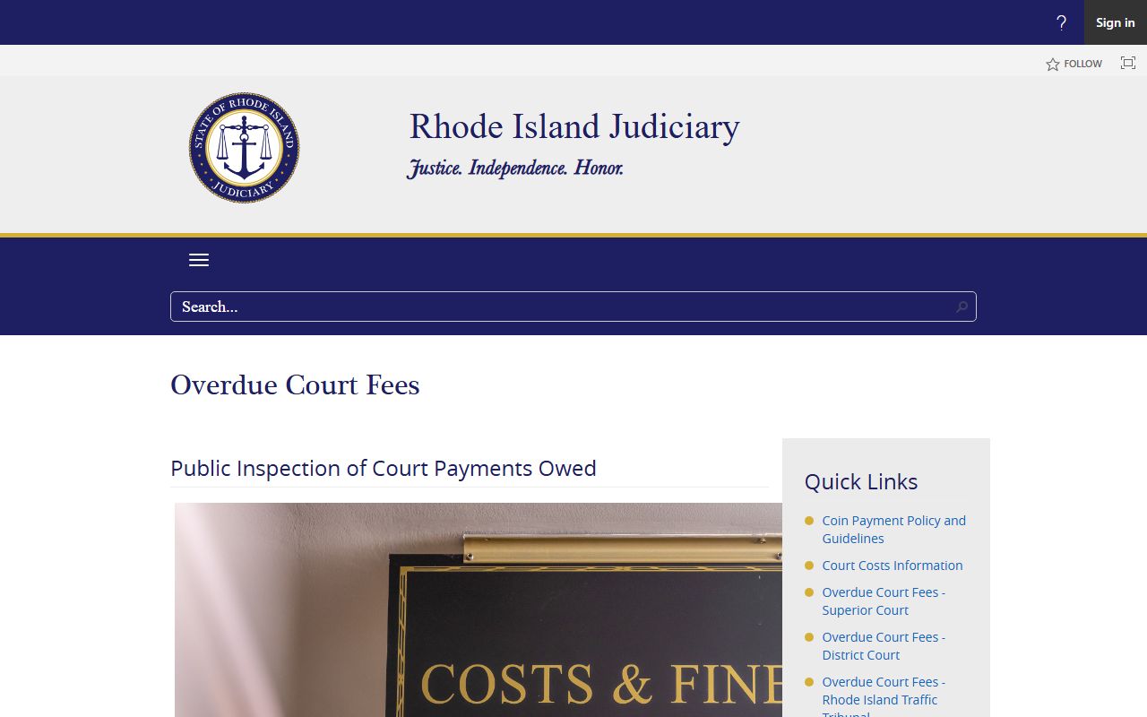 Rhode Island overdue court fees page describing the Providence County warrant fee