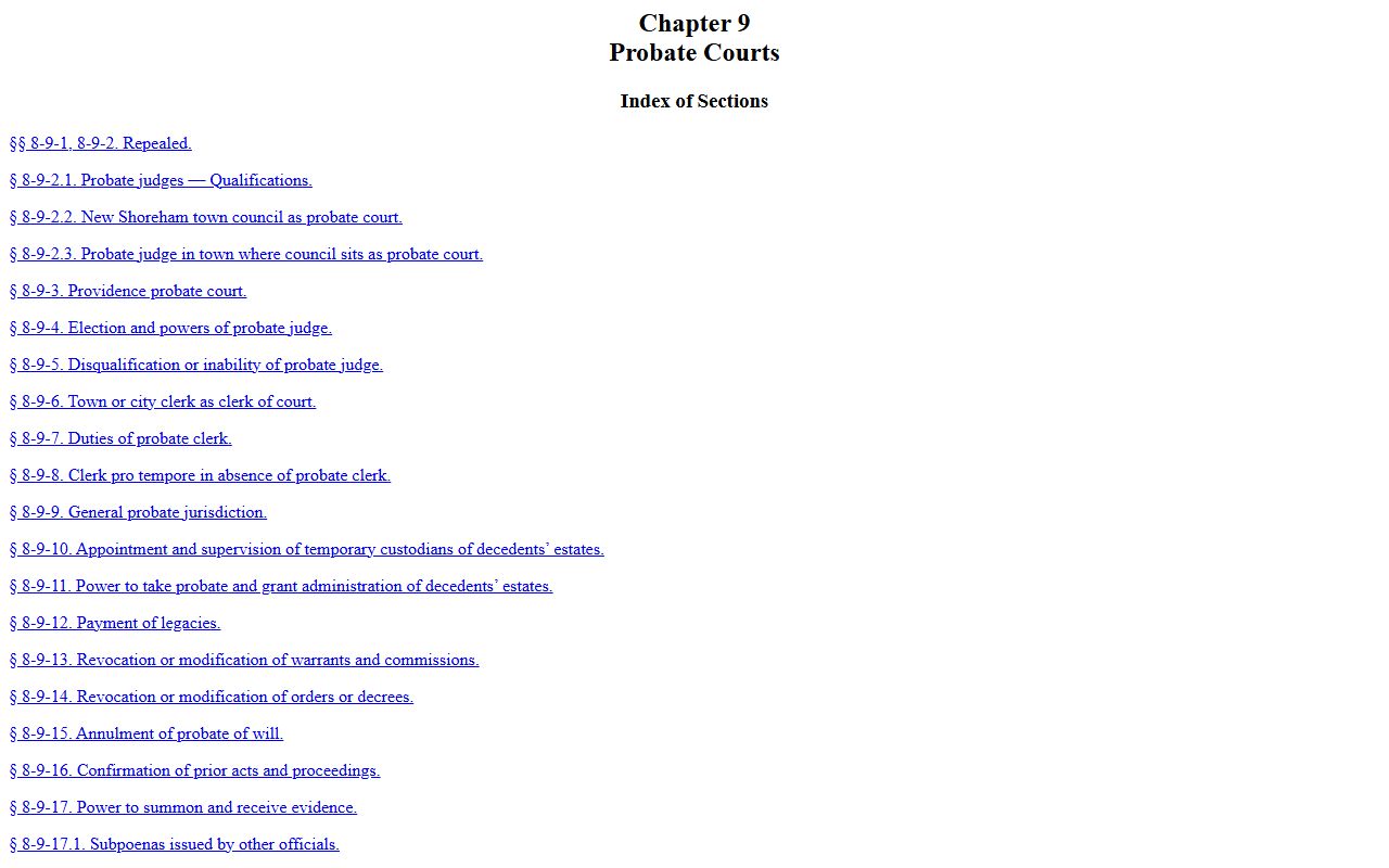 Rhode Island probate courts statute chapter for Providence County probate records