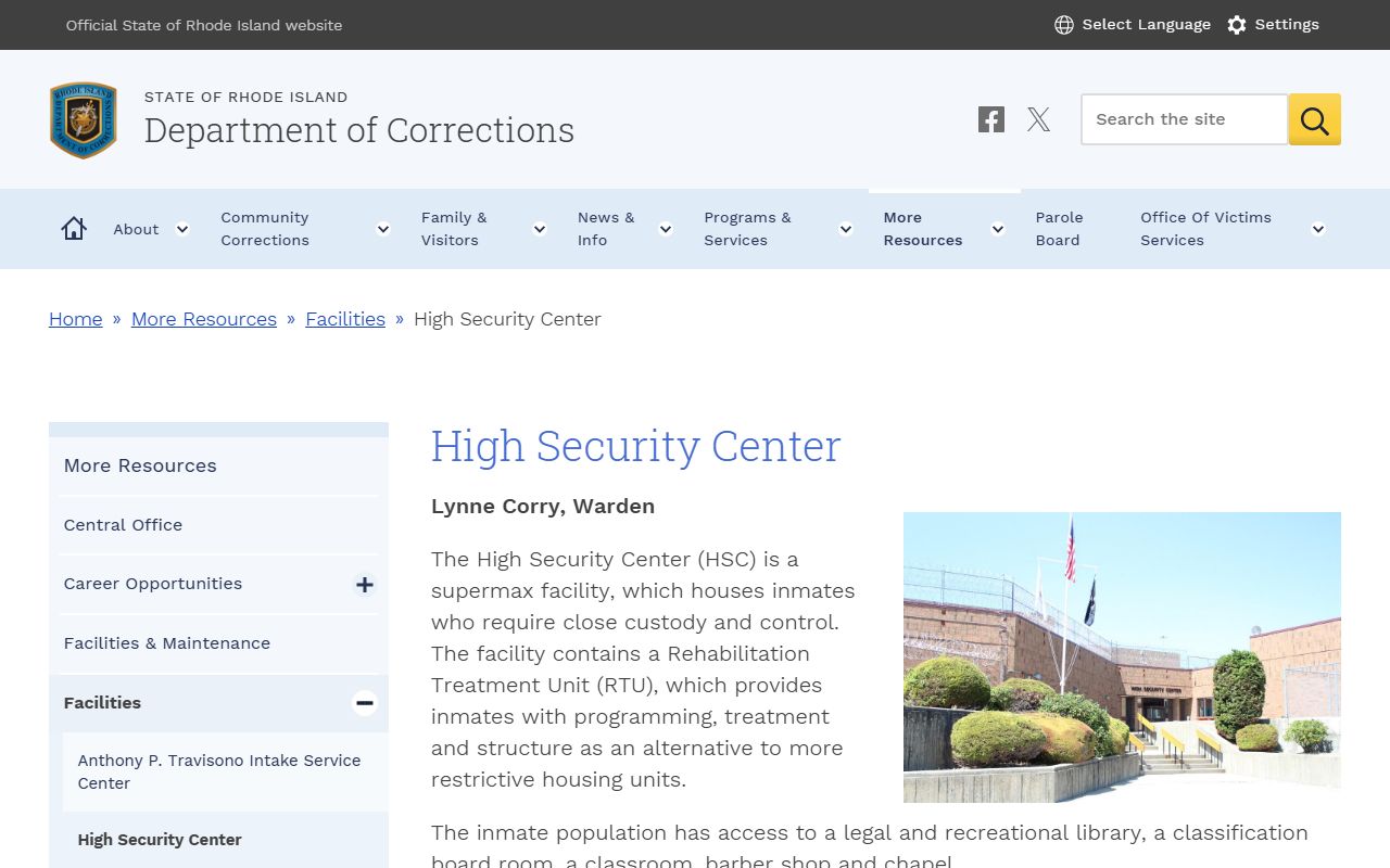 RIDOC High Security Center page with Providence County area inmate population data