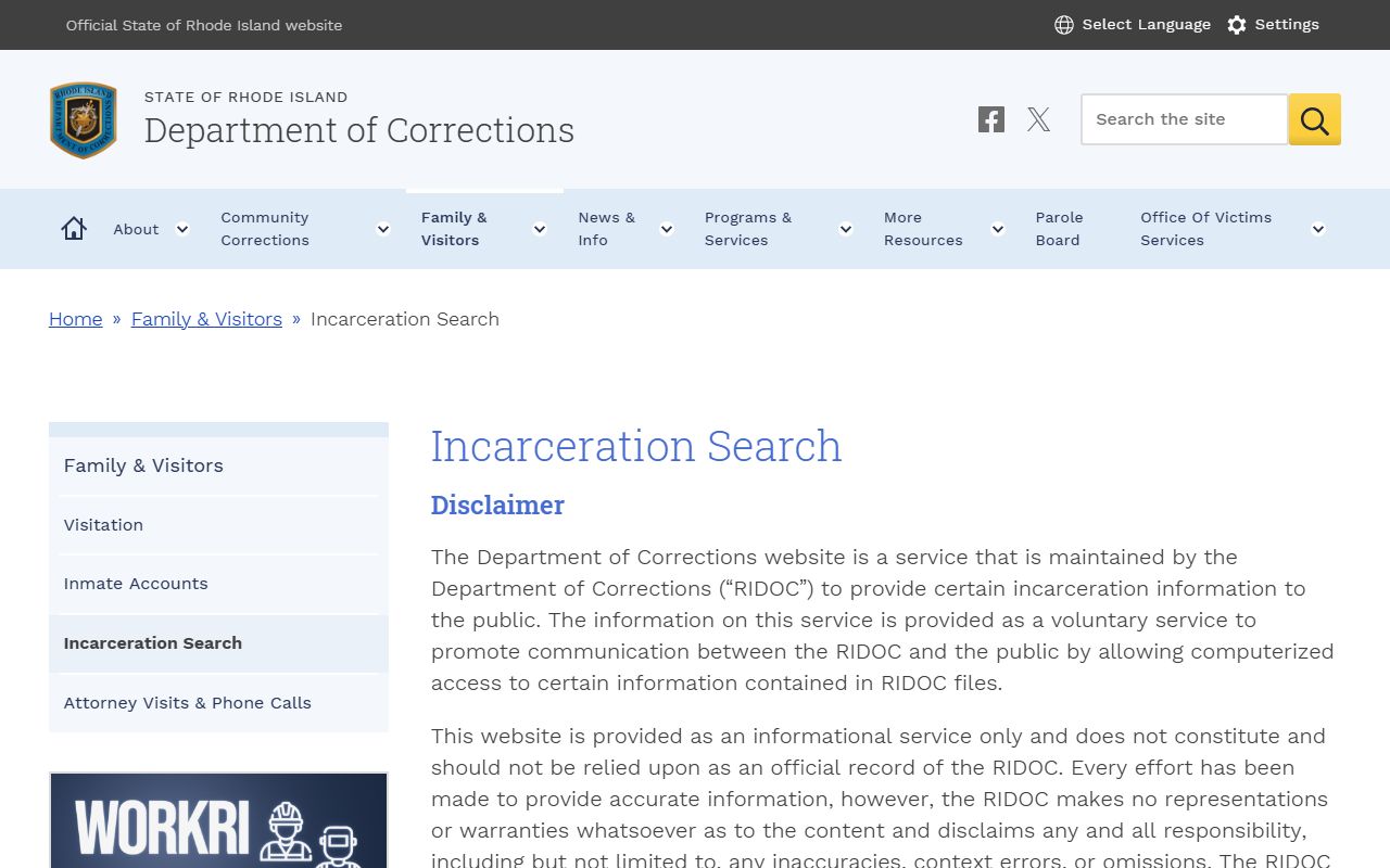 RIDOC incarceration search disclaimer page for Providence County inmate records
