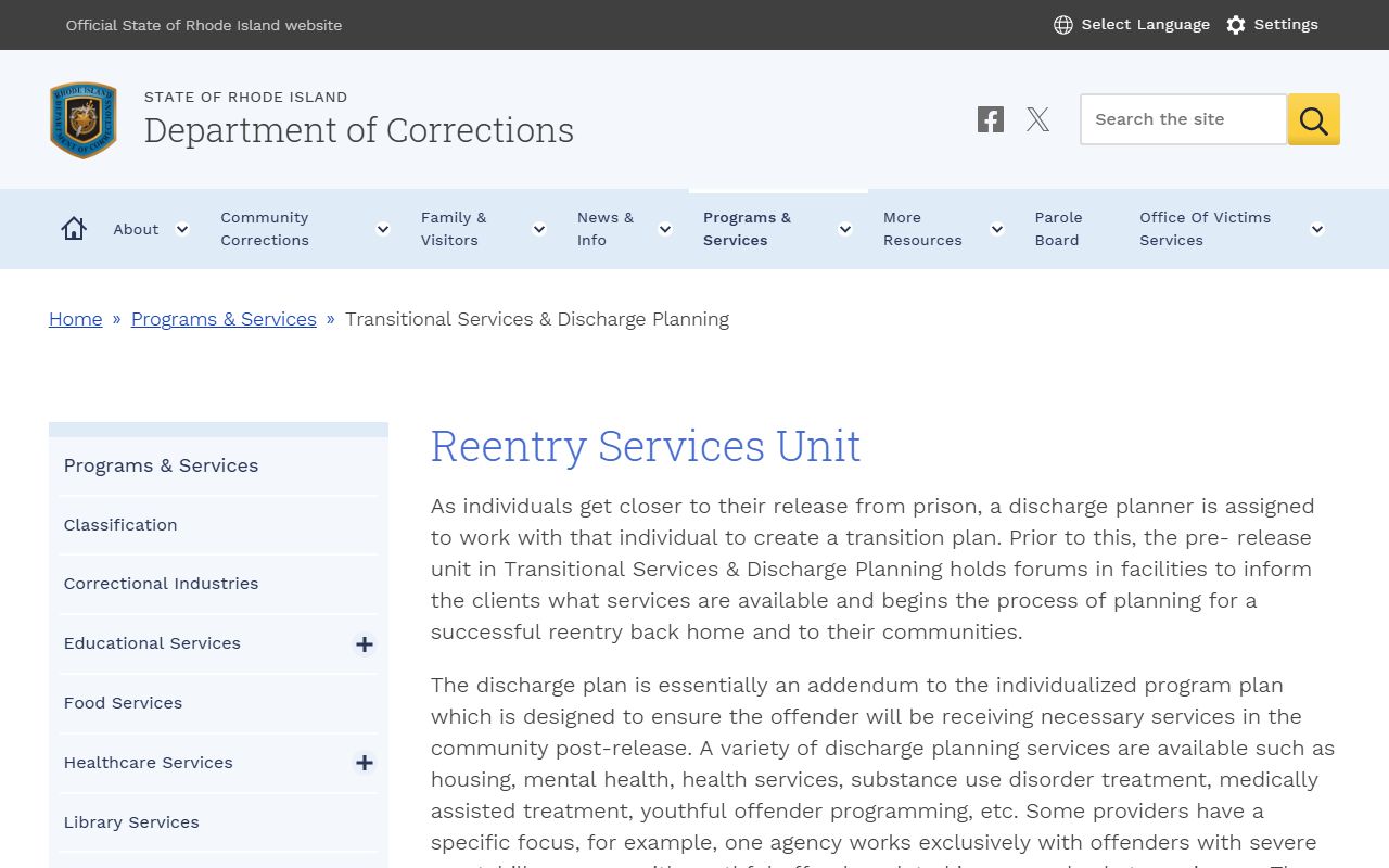 RIDOC transitional services page for released Providence County inmates