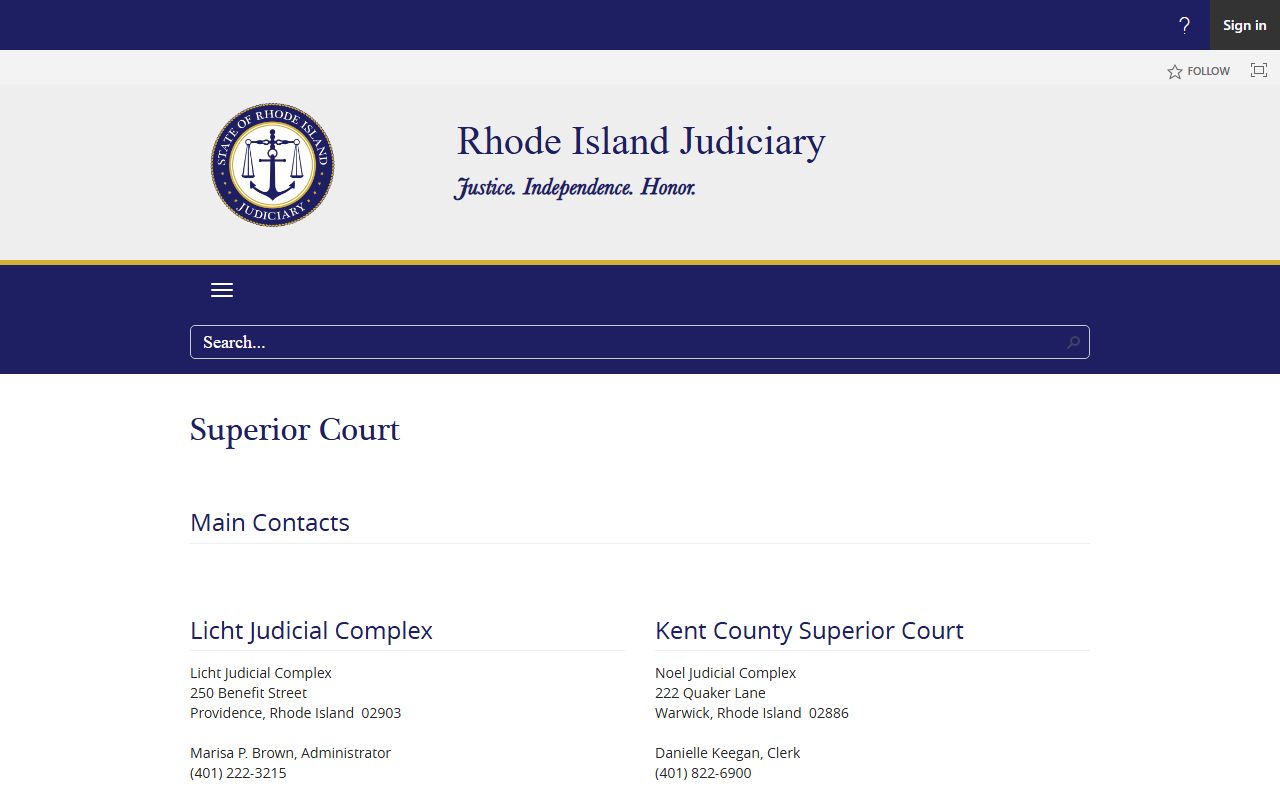 Superior Court main contacts page for the Providence County Clerk of Court