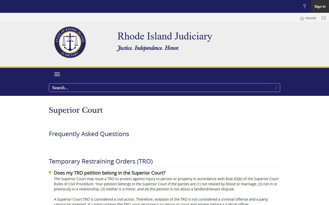 Rhode Island Superior Court FAQ page for Providence County Superior Court